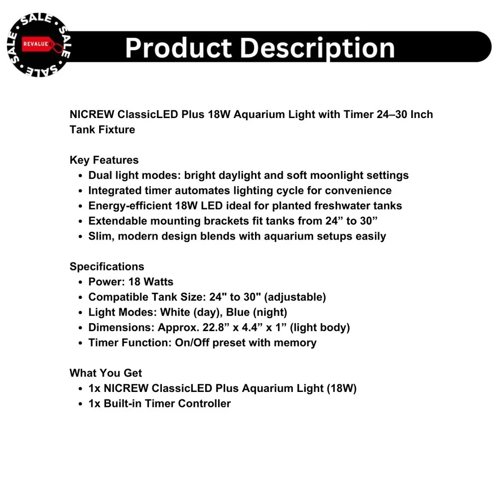 NICREW ClassicLED Plus 18W Aquarium Light with Timer 24–30 Inch Tank‎ Fixture